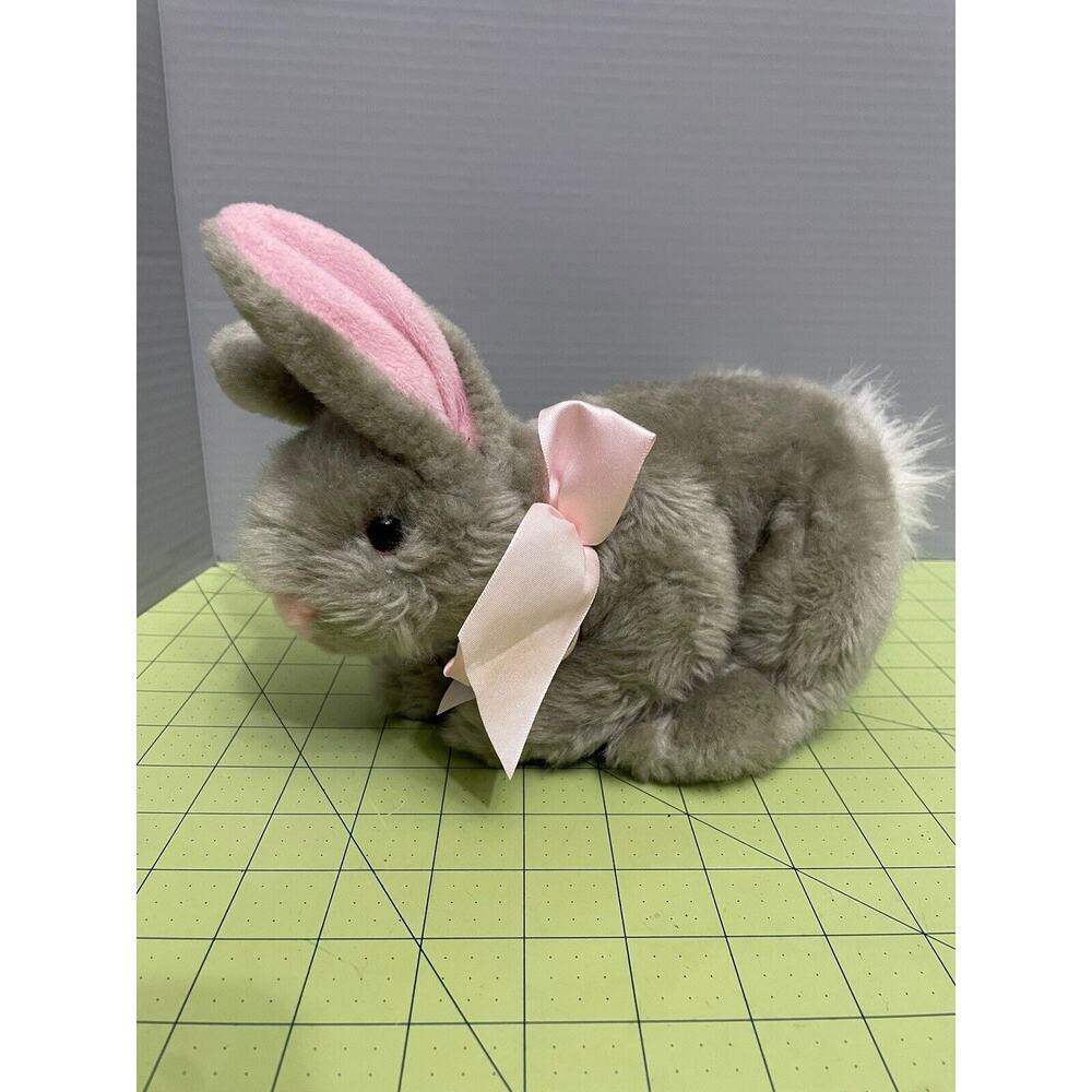 Animal Adventure Bunny Rabbit Realistic Gray 10” Plush Stuffed Animal Pink Bow